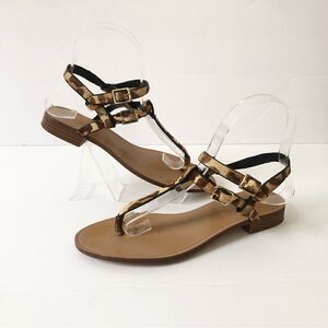 Zara leopard print real calf hair strappy thong sandals woman’s size 36